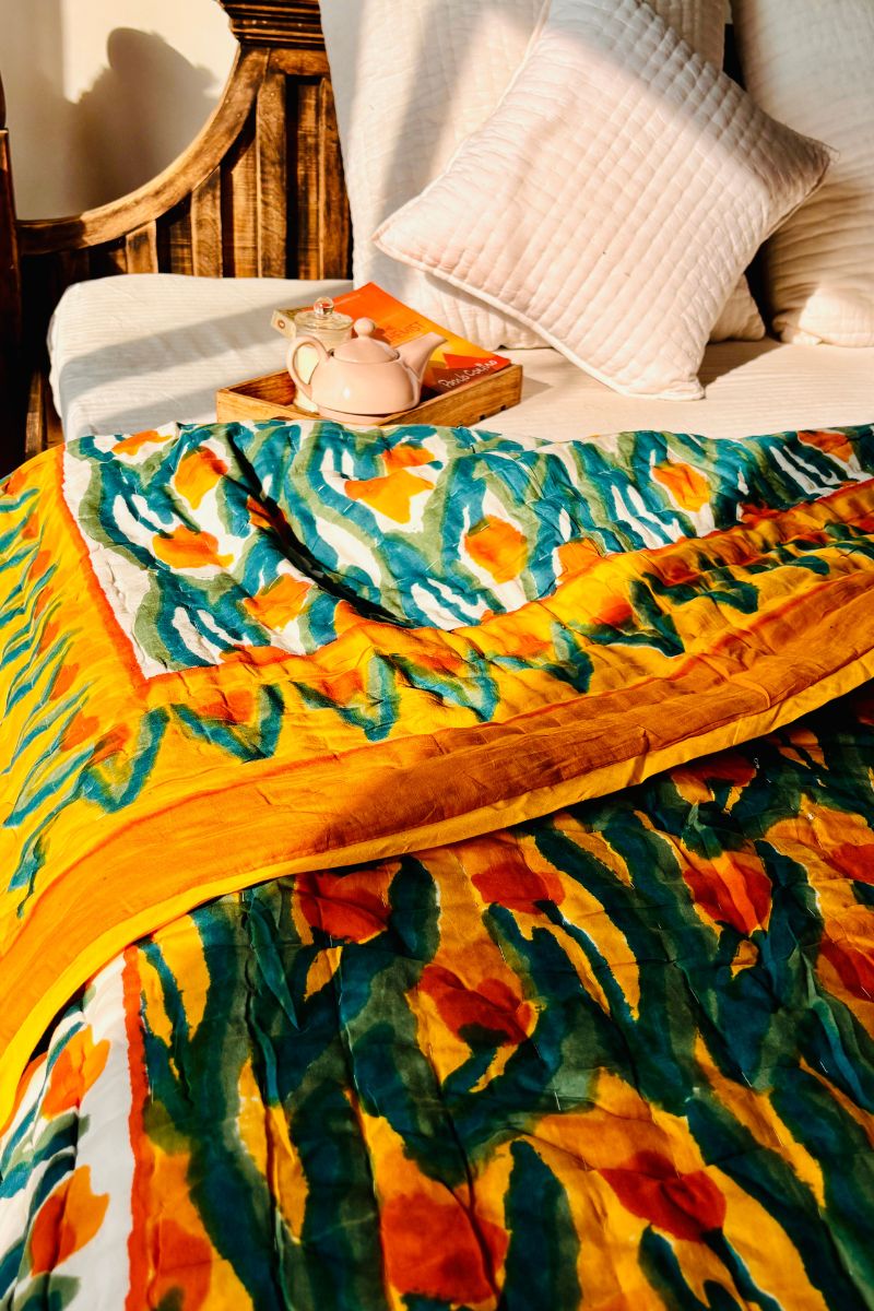Yellow Tulip Block Print Reversible Quilt