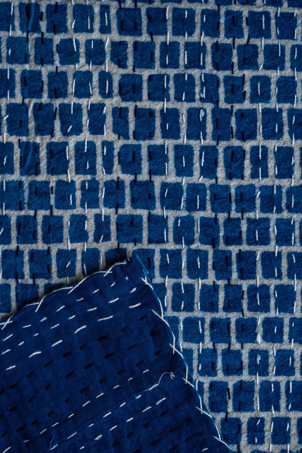 Diwar Indigo Block Printed Kantha Bedcover