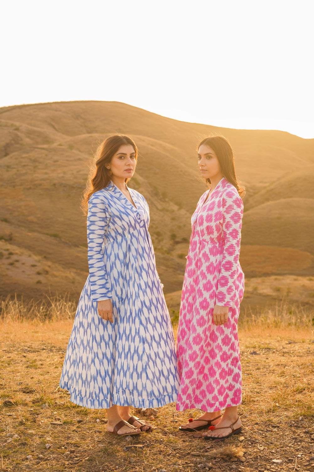 Afreen Pink Ikkat Print Cotton Maxi Dress