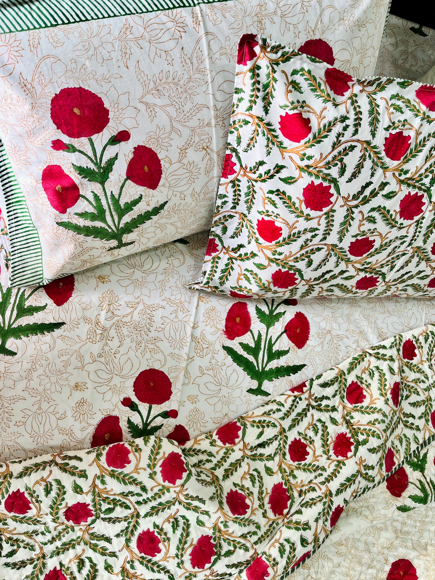 Red Poppy Hand Block Printed Cotton Bedsheet