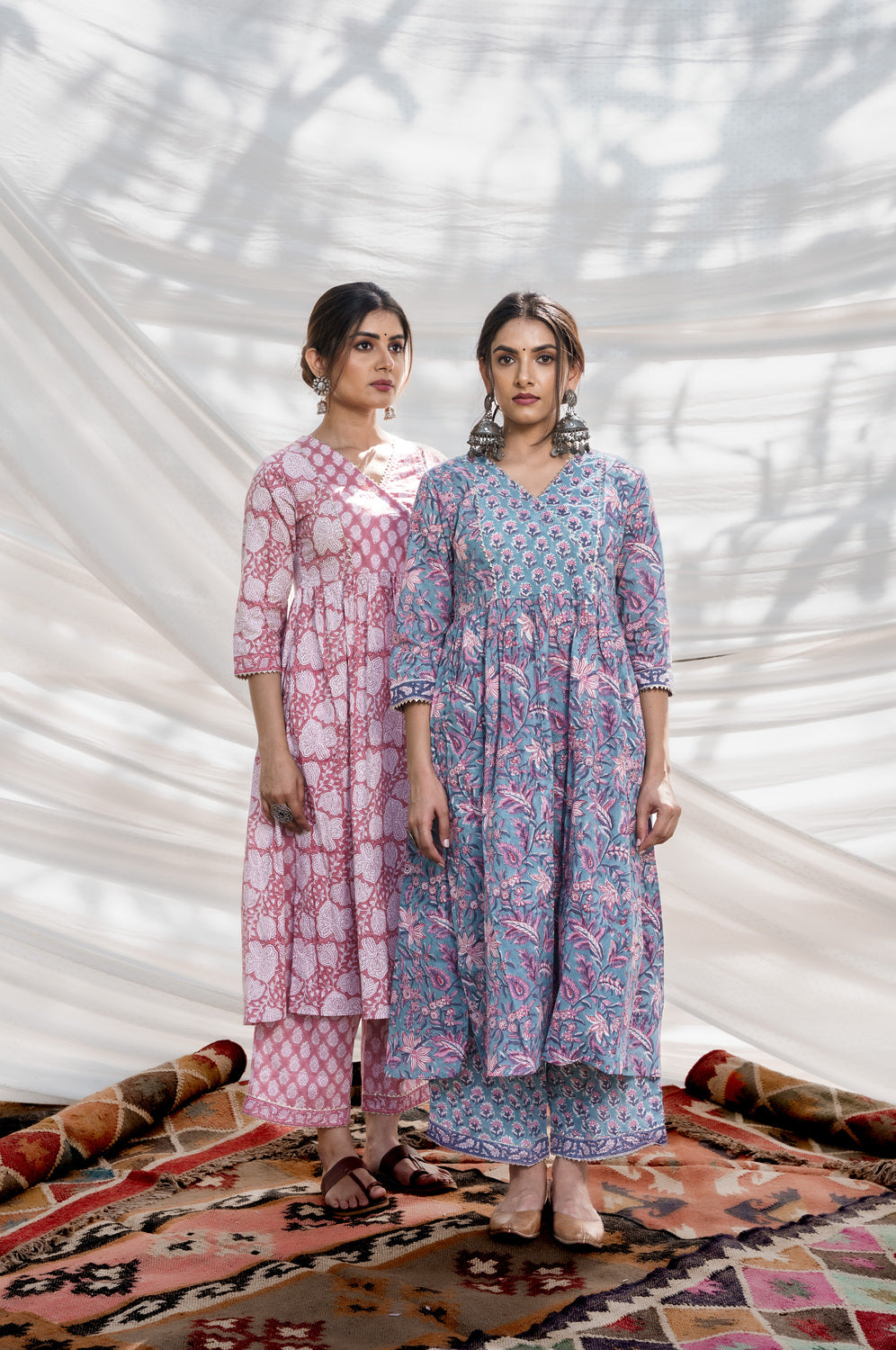 Nazakat Blue Cotton Block Print Kurta Set