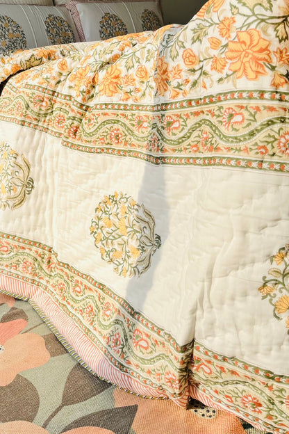 Magnolia Hand Block Printed Cotton Single Quilt Pair