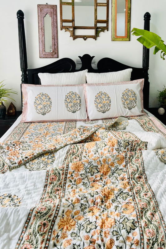Magnolia Hand Block Printed Cotton Single Quilt Pair