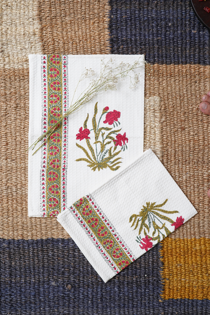 Red Iris Hand Block Printed Tea Towel (Set of 2)