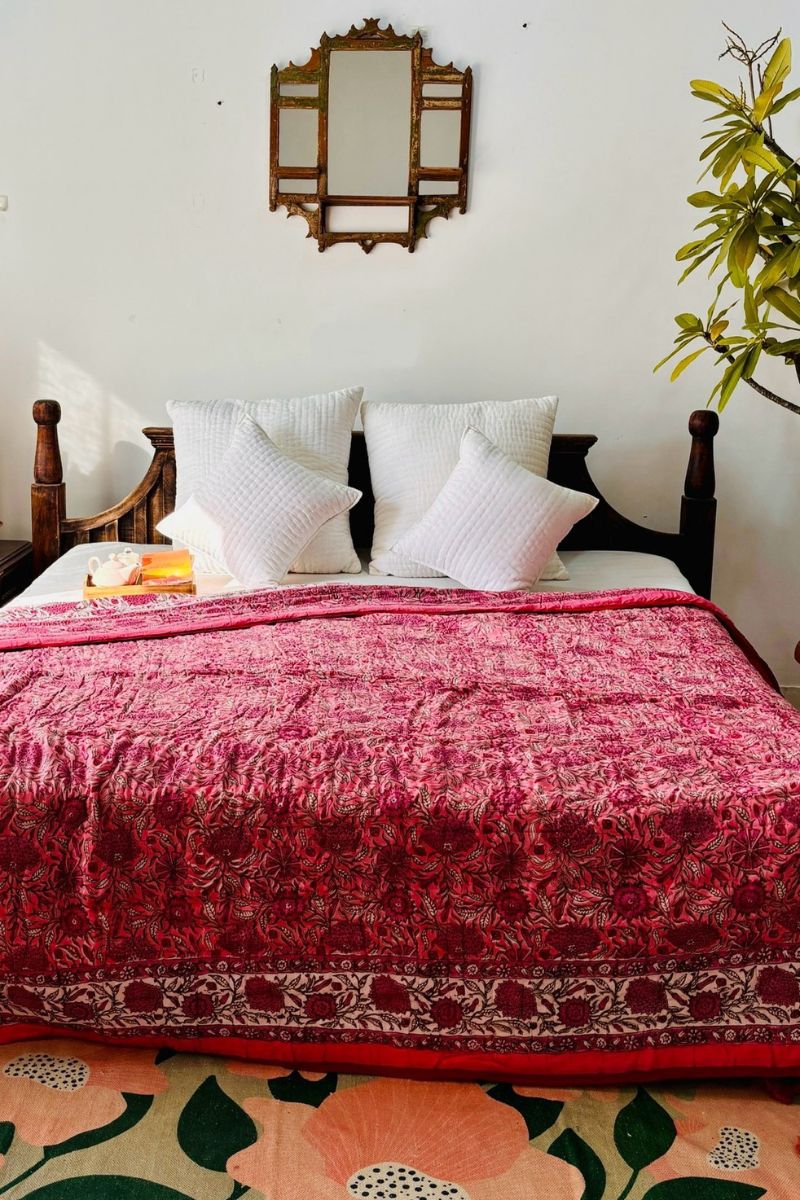 Cherry Hand Block Print Reversible Quilt