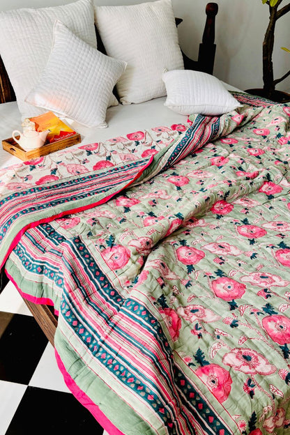 Tea Green Hand Block Print Reversible Quilt