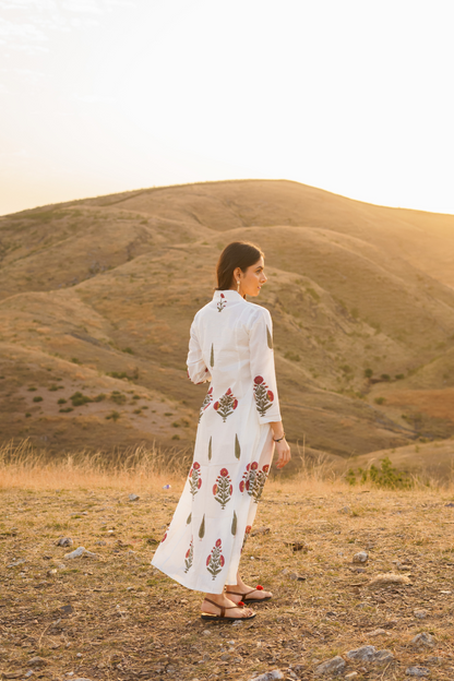 Firdous Poppy Cotton Block Print Long Dress