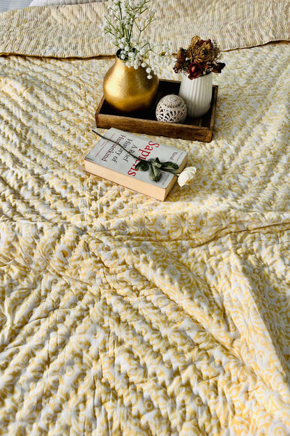 Yellow Evileye Hand Block Print Reversible Quilt