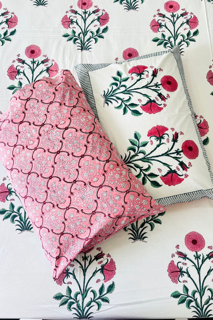 Pink Poppy Hand Block Printed Cotton Bedsheet