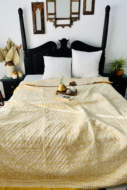 Yellow Evileye Hand Block Print Reversible Quilt
