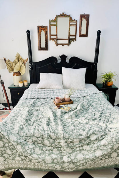 Sage Green Chintz Hand Block Print Reversible Quilt
