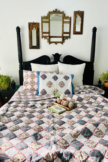 Mughal Jaal Handblock Printed Reversible Quilted Bedcover