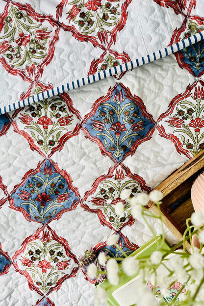 Mughal Jaal Handblock Printed Reversible Quilted Bedcover