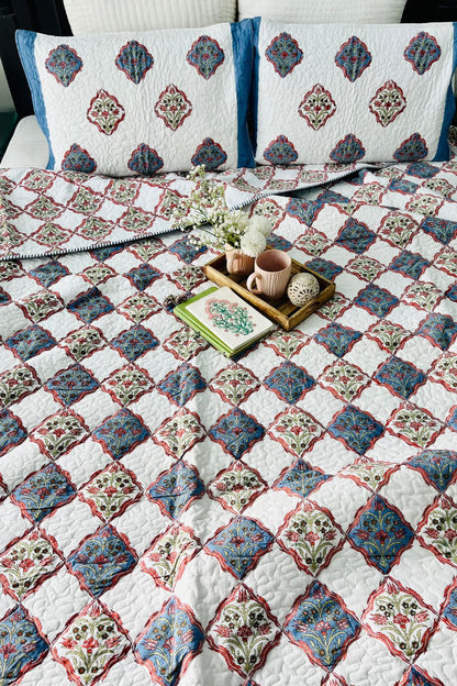 Mughal Jaal Handblock Printed Reversible Quilted Bedcover