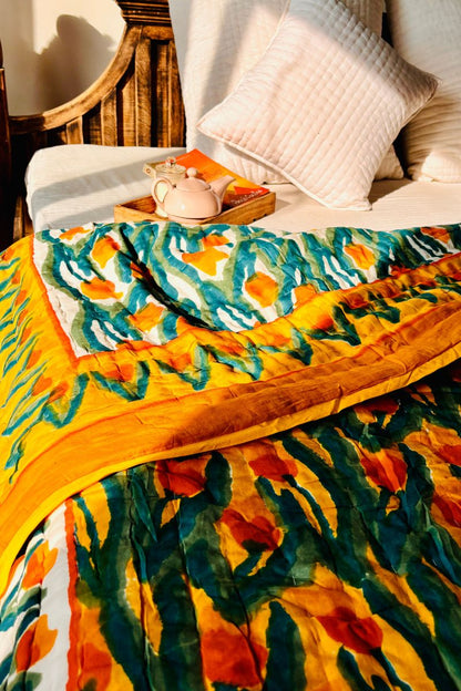 Yellow Tulip  Block Print Reversible Quilt