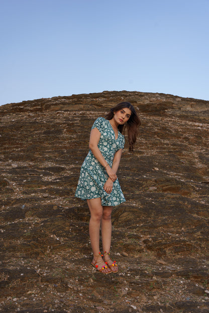 Emerald Green Cotton Hand Block Print Floral Midi Dress