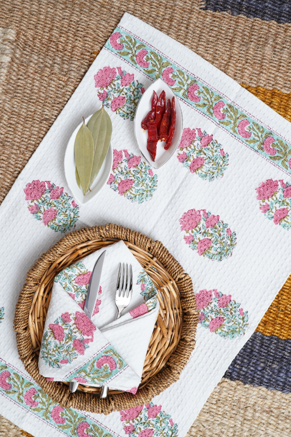 Pink Rose Hand Block Printed Tea Towel (Set Of 2)