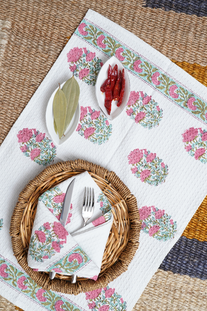 Pink Rose Hand Block Printed Tea Towel (Set Of 2)