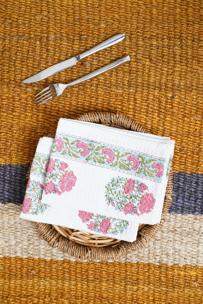 Pink Rose Hand Block Printed Tea Towel (Set Of 2)