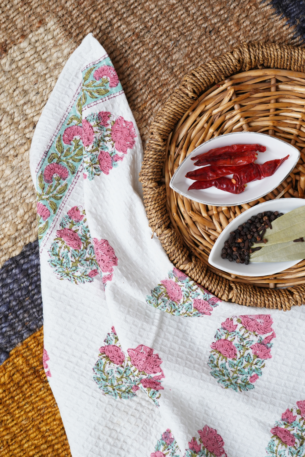 Pink Rose Hand Block Printed Tea Towel (Set Of 2)