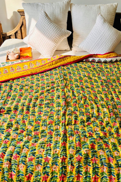 Yellow Lily Hand Block Print Reversible Quilt