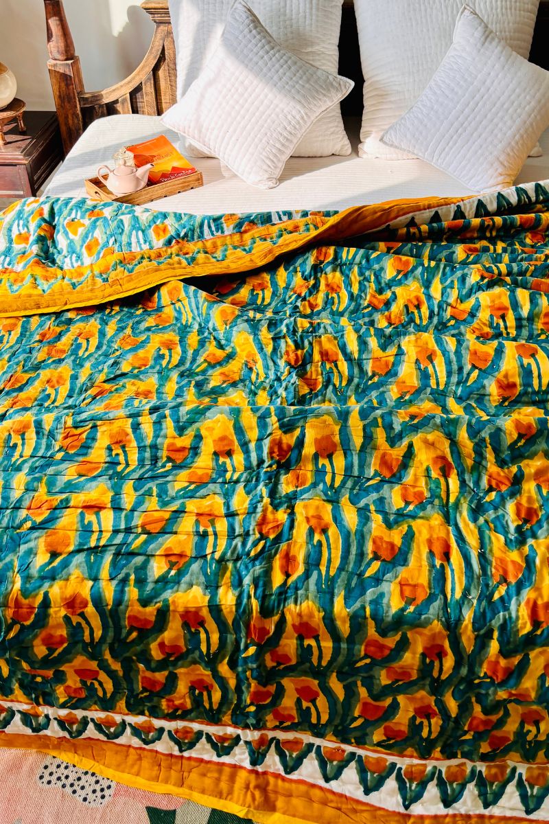 Yellow Tulip  Block Print Reversible Quilt