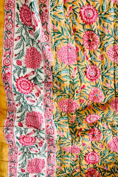 Yellow Dalia Hand Block Print Reversible Quilt