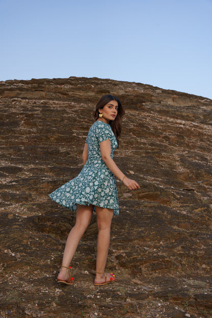 Emerald Green Cotton Hand Block Print Floral Midi Dress