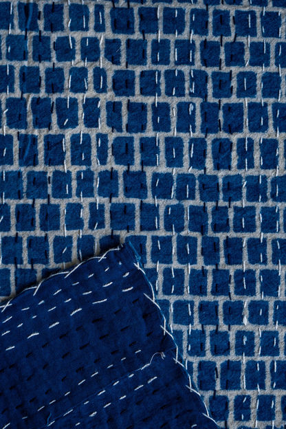 Diwar Indigo Block Printed Kantha Bedcover