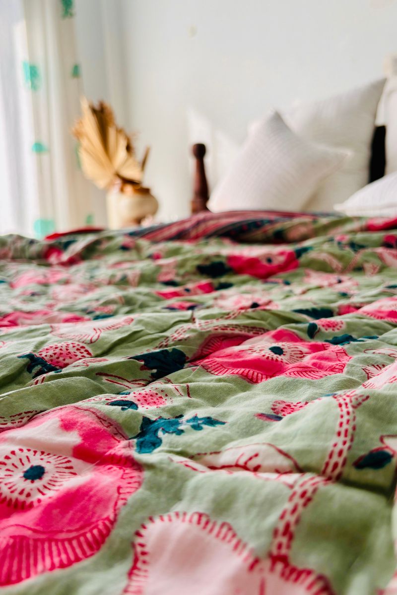 Tea Green Hand Block Print Reversible Quilt