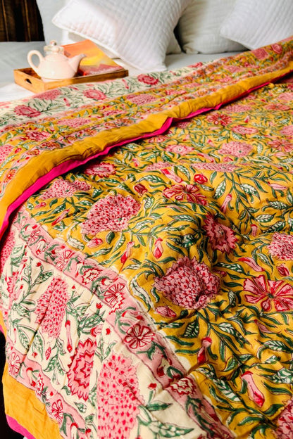Yellow Dalia Hand Block Print Reversible Quilt
