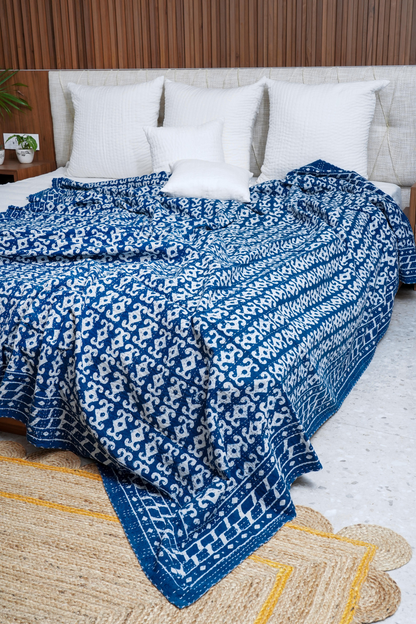 Anchor Indigo Block Printed Kantha Bedcover