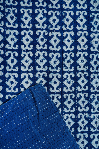 Anchor Indigo Block Printed Kantha Bedcover
