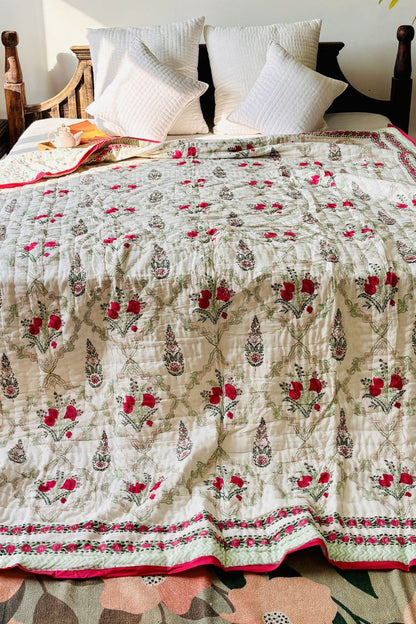 Pink Peony Hand Block Print Reversible Quilt
