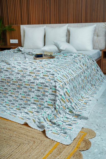 Fish Block Printed Kantha Bedcover