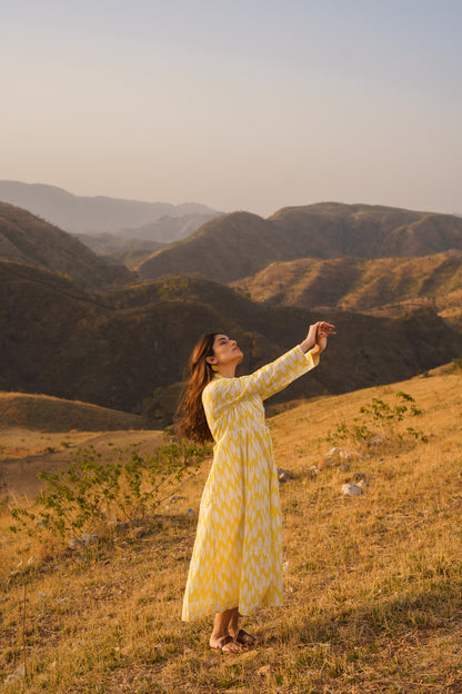 Afreen Yellow Ikkat Cotton Maxi Dress