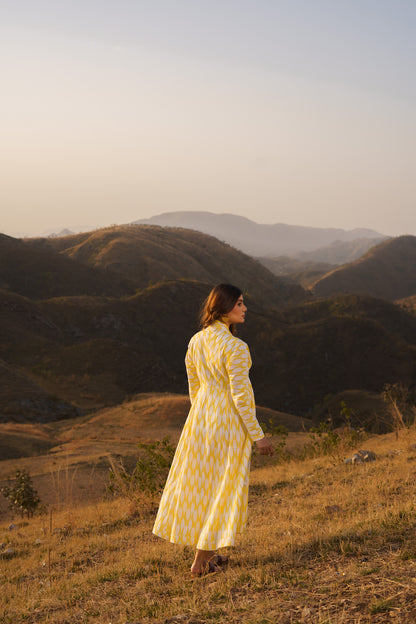 Afreen Yellow Ikkat Cotton Maxi Dress