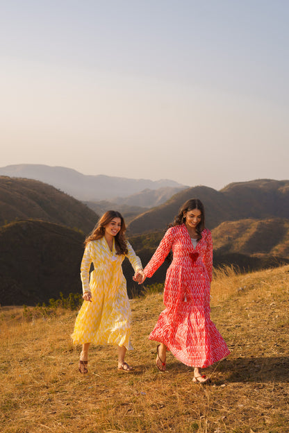 Afreen Yellow Ikkat Cotton Maxi Dress