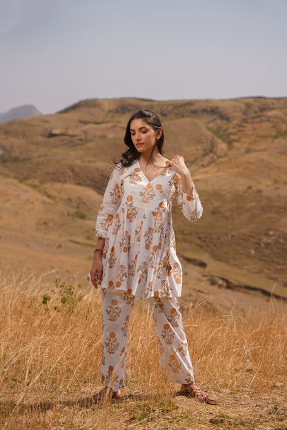 Golden Poppy Angrakha Cotton Hand Block Printed Co-ord Set