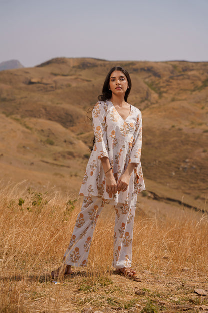 Golden Poppy Angrakha Cotton Hand Block Printed Co-ord Set