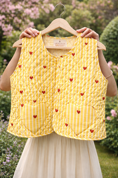 Hand Block Printed Stripe Quilted Jacket with Heart Pockets – Cotton Women’s Jacket