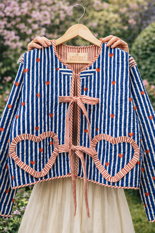 Handcrafted Block Print Quilted Jacket with Heart Pockets