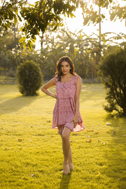 Elsa Pink Cotton Block Print Ruffled Co-ord Set