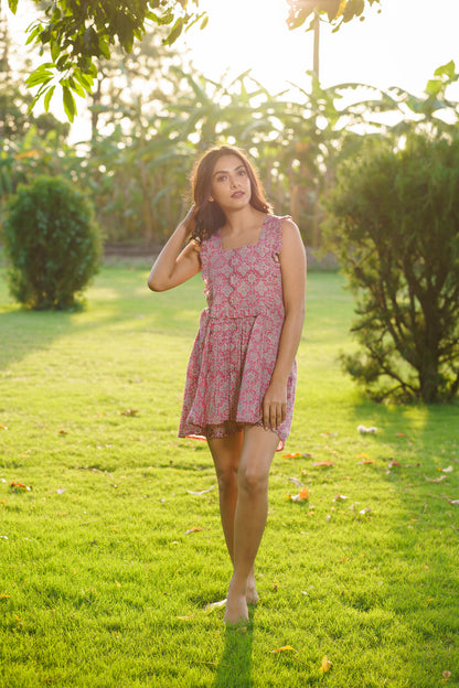 Elsa Pink Cotton Block Print Ruffled Co-ord Set