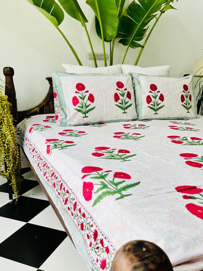Red Poppy  Hand Block Printed Cotton Bedsheet