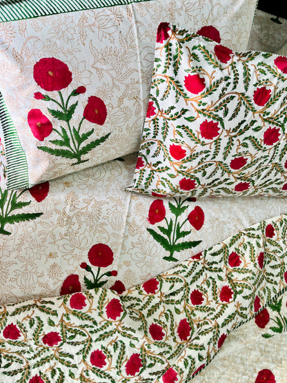 Red Poppy  Hand Block Printed Cotton Bedsheet
