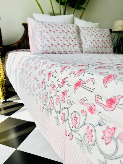 Flamingo Hand Block Printed Cotton Bedsheet