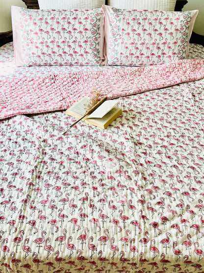 Flamingo Hand Block Printed Cotton Quilt
