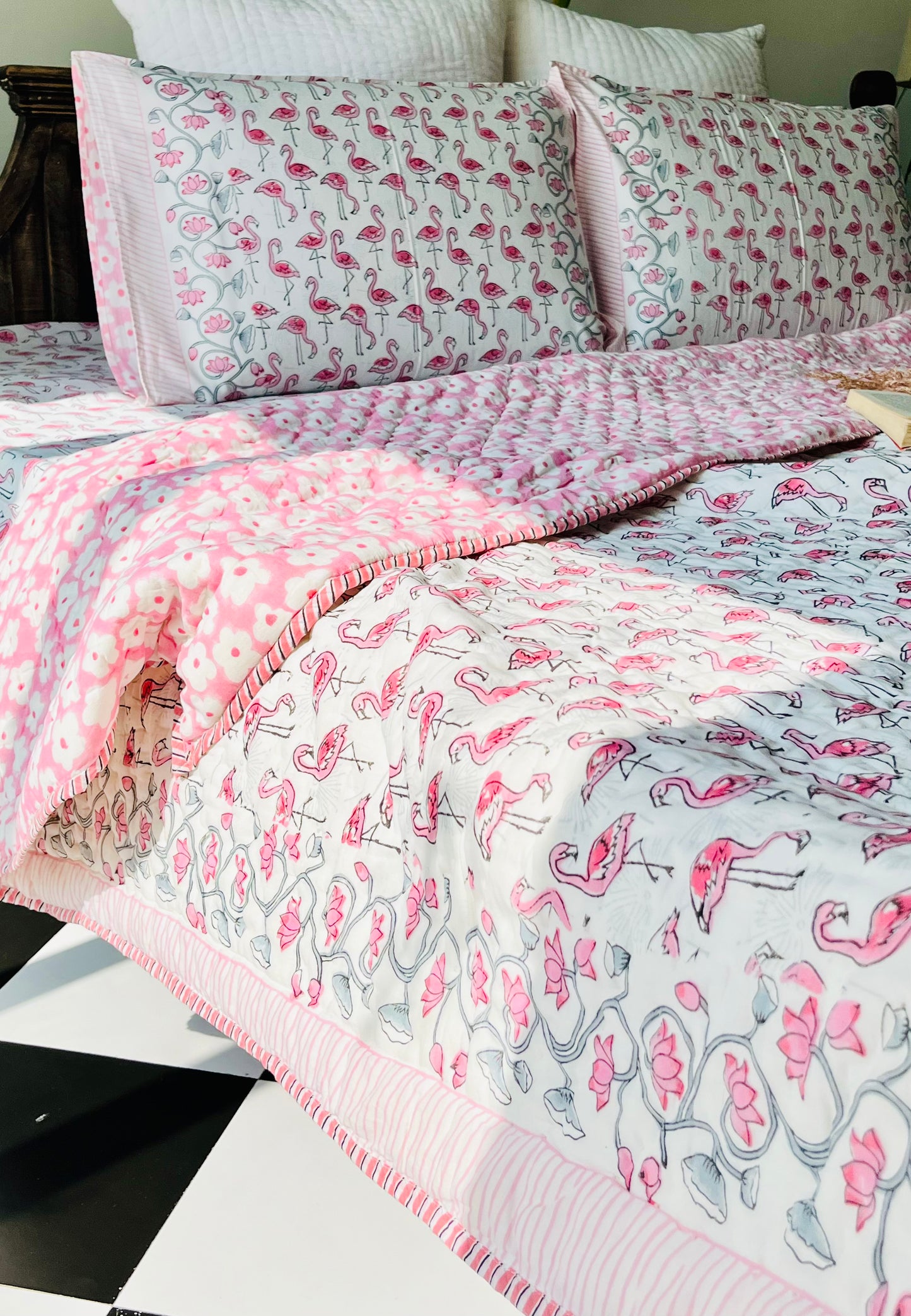 Flamingo Hand Block Printed Cotton Quilt