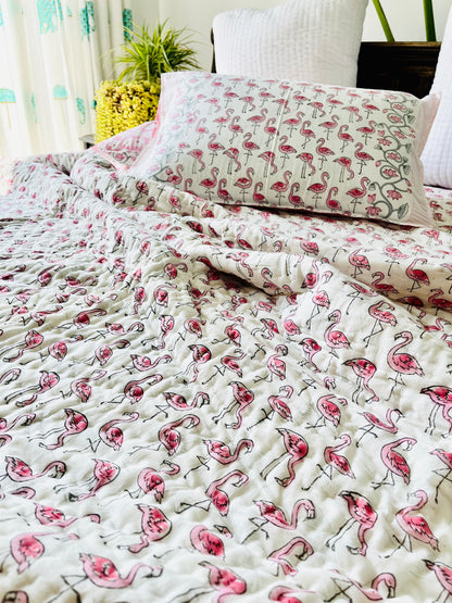 Flamingo Hand Block Printed Cotton Quilt